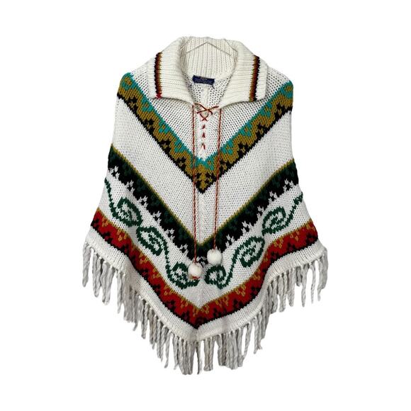 Vintage Sweaters - Vintage 1960s Hippie Knit Poncho Fringe Aztec Boho Festival Acrylic Pom Tassel